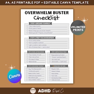 2027 ADHD Overwhelm Buster Checklist Printable PDF, Editable Canva Template, Anxiety Relief Planner , Mental Health Productivity To Do List