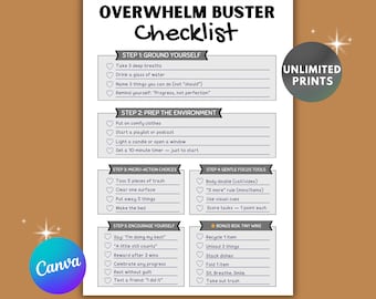 2026 ADHD Overwhelm Buster Checklist Printable PDF, Editable Canva Template, Anxiety Relief Planner , Mental Health Productivity To Do List