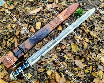 Handmade Damascus Steel Viking Sword with Northmen Design & Wooden Scabbard