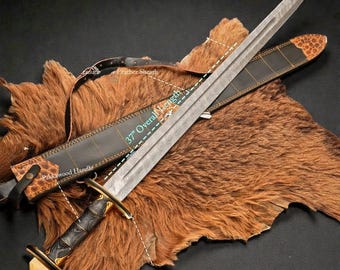 Handmade Damascus steel Viking Sword With Leather Sheath - Christmas Gift - Wedding Gift