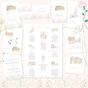 Maßgeschneiderte handgemalte Aquarell Hochzeit Briefpapier. Einladung, Bestellung von Service, Tischplan, Namenskarte, Save The Date, Kirche, Veranstaltungsort, Karte