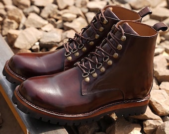 Handmade Leather Lace-Up Boots: Men's High Ankle Hiking Footwear
