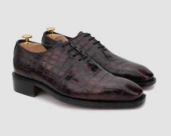 Handmade Red Sole Oxford Leather Shoes – Luxury Formal Footwear with Crocodile Finish