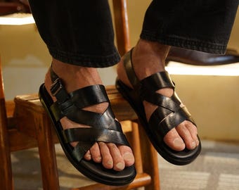 Sandalias de cuero de plena flor para hombre – Calzado de verano negro con tiras, confeccionado a mano.