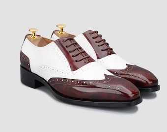 Zapatos Oxford bicolor con ribete cosido a mano: Zapatos de vestir formales de cuero para hombre