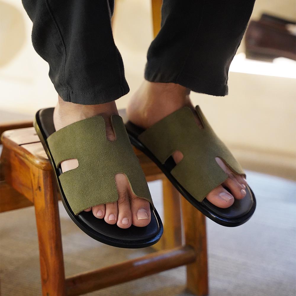Mens Leather Slippers: Suede Flat Sandals with Handcrafted Sole