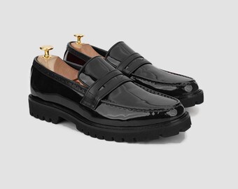 Patent Leather Chunky Loafers for Men: Stylish Slip-On Penny Loafers