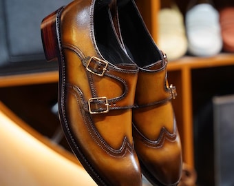 Zapatos de doble hebilla hechos a mano: Zapatos de vestir formales para hombre, de piel de grano completo.