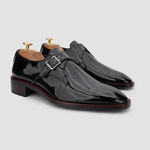Patent Leather Monk Strap Shoes – Handmade Men's Formal Dress Shoes in Black