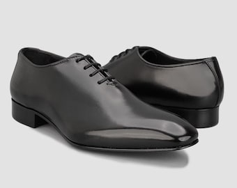 Zapatos Oxford negros de una sola pieza para hombre – Calzado formal de vestir hecho a mano en piel de grano completo