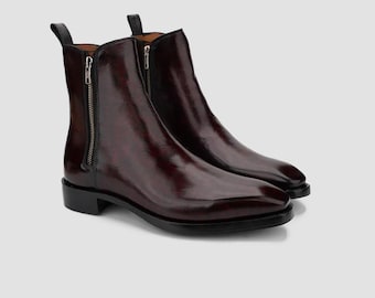 Handmade Full Grain Leather Chelsea Boots: Cognac Ankle Boots with Zippers