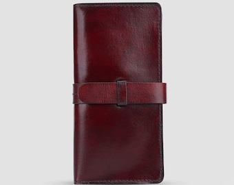 Cartera larga de piel curtida vegetal hecha a mano CON BOLSILLO PARA TELÉFONO: Diseño unisex plegable