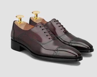 Men's Oxford Shoes: Handmade Patina Cow Leather Formal Oxford Formal Shoes Brown