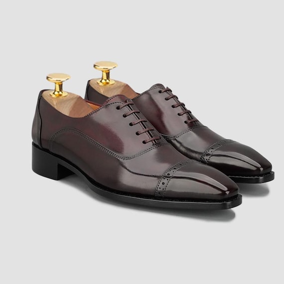 Custom Handmade Calfskin Leather Oxford Shoes: Ox-Blood Museum Patina Formal Dress Footwear