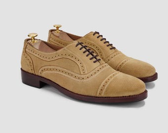 Zapatos Oxford de piel de ante hechos a mano: diseño brogue cosido a mano