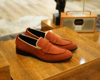 Handcrafted Red Suede Penny Loafers for Men: Classic Chestnut-Toned Slip-On Formal Shoes