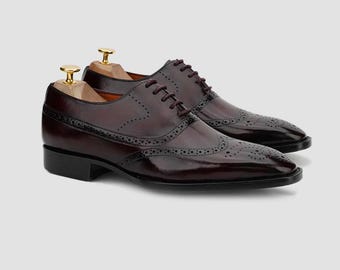 Zapatos Oxford de cuero de grano completo hechos a mano: Brogue con puntera de ala para hombre