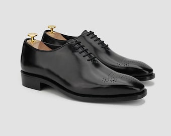 Men's Black Wholecut Full Grain Leather Oxford Dress Shoes: Handmade Formal Footwear