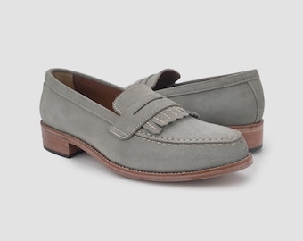 Mens Suede Loafers: Handmade Fringe Leather Penny Loafers Goodyear welted