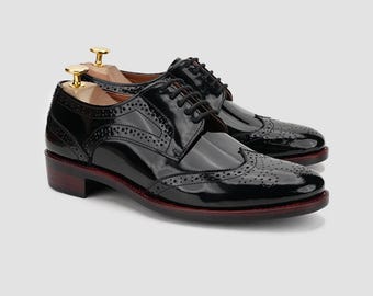 Handmade Patent Leather Wingtip Derby Shoes: Men's Brogue Formal Shoes