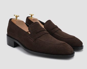 Handmade Suede Leather Penny Loafers: Mens Formal Shoes