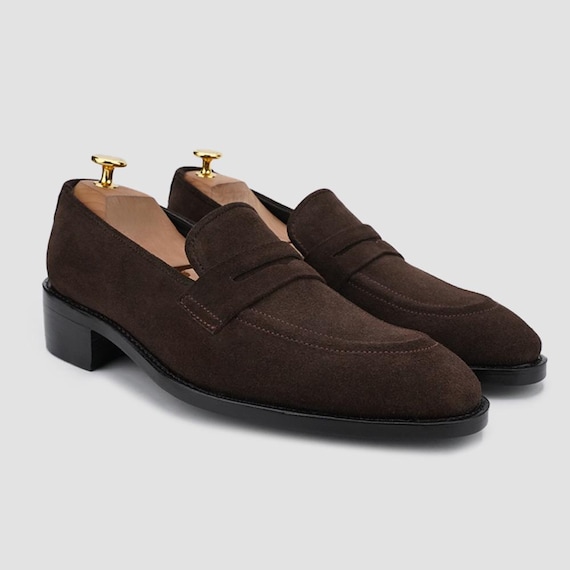 Handmade Suede Leather Penny Loafers: Mens Formal Shoes