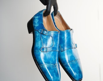 Blauwe schoenen heren met dubbele gemonnikt bandjes: handgeverfde gepatineerde rundlederen schoenen Fiddle Back Formal