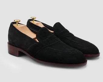 Handgefertigte Schwarze Wildleder Penny Loafers: Herren Leder Formelle Slip-On Schuhe