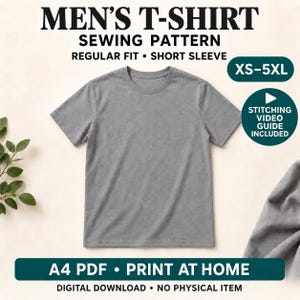 May include: A gray short-sleeve t-shirt sewing pattern with text reading MEN'S T-SHIRT SEWING PATTERN, REGULAR FIT, SHORT SLEEVE, XS-5XL, STITCHING VIDEO GUIDE INCLUDED, A4 PDF, PRINT AT HOME, DIGITAL DOWNLOAD, NO PHYSICAL ITEM.