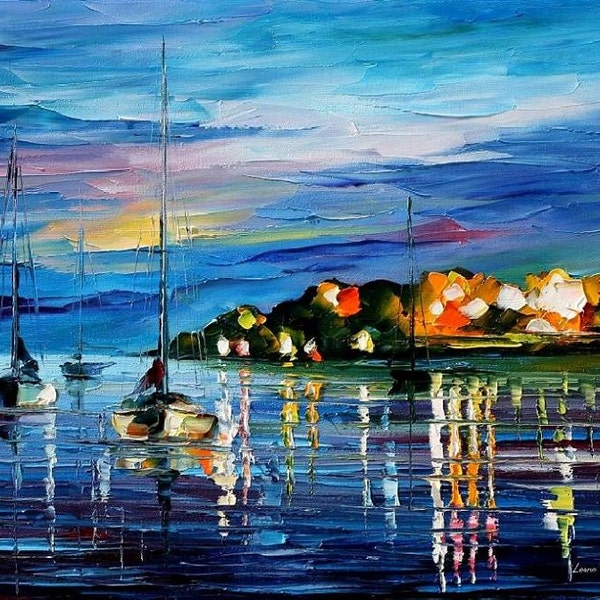 NIGHT HARBOR ORIGINAL OIL PAINTING ON CANVAS BY LEONID AFREMOV