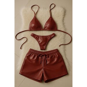 3 Piece Lambskin Leather Bikini Set with Shorts, Genuine Leather Lingerie Set, Handmade Women’s Festival Outfit, Red Leather Clubwear, gf