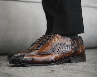 Men’s Handcrafted Brown Crocodile Embossed Leather Oxford Dress Shoes
