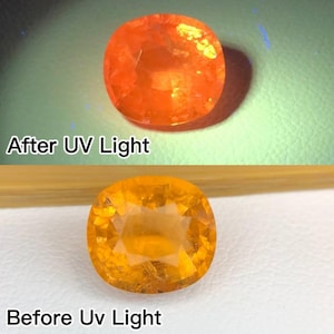 Könnte beinhalten: Ein facettierter Edelstein im Kissenschliff in zwei Zuständen. Der obere Bereich mit der Beschriftung After UV Light zeigt ein leuchtendes Orange. Der untere Bereich mit der Beschriftung Before UV Light zeigt denselben Edelstein in einem helleren, goldgelben Farbton.