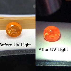 Könnte beinhalten: Ein runder, facettierter orangefarbener Edelstein in zwei Zuständen. Die linke Seite ist mit Before UV Light beschriftet und zeigt einen warmen Orangeton. Die rechte Seite ist mit After UV Light beschriftet und zeigt das Leuchten des Steins.