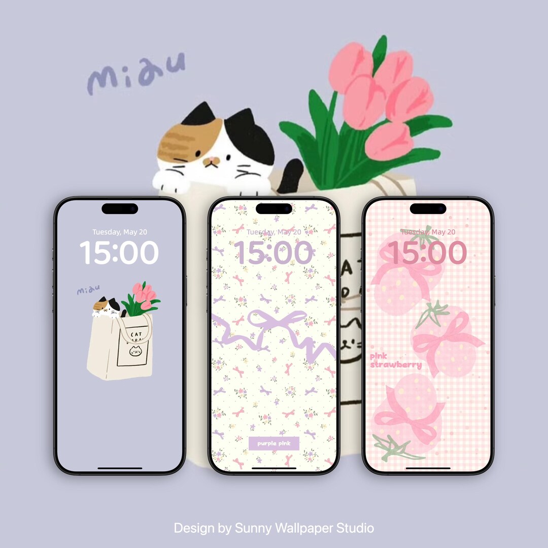 Cute Cat iPhone Wallpaper Set, Pink Strawberry, Purple Bows (digital ...