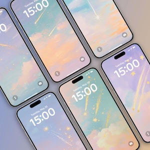 Pode incluir: Cinco telas de iPhone com um fundo de céu pastel e estrelas cadentes. O horário é 15:00 em cada tela.