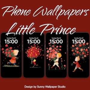 May include: Four phone wallpapers featuring illustrations of a child carrying bouquets of flowers. The wallpapers have a black background with the text "Phone Wallpapers Little Prince" and the time "15:00". The design is by Sunny Wallpaper Studio.