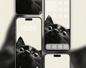 黒猫が見つめるiPhone壁紙：シンプルなロック画面（デジタル