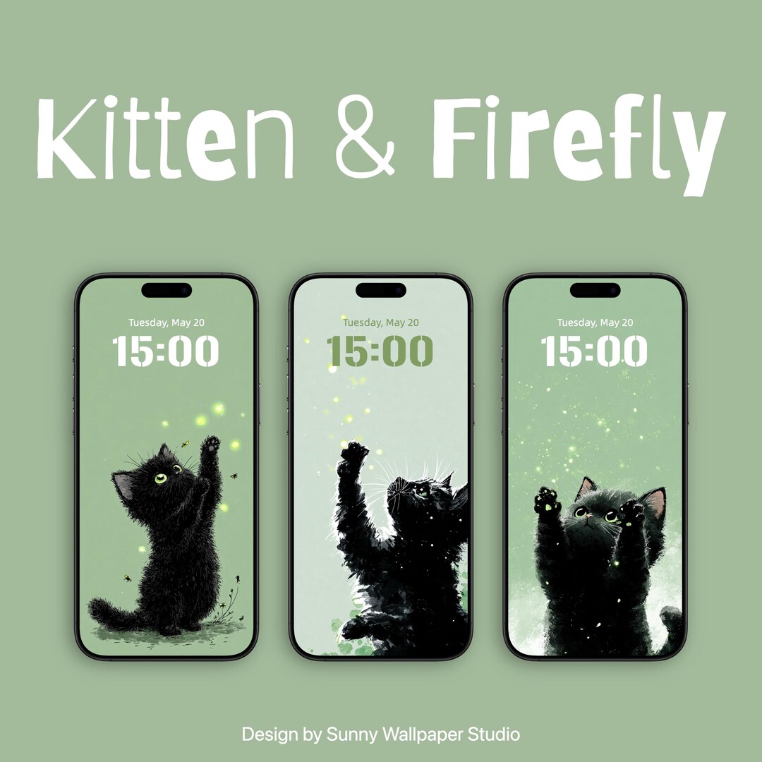 子猫とホタル、かわいいデジタルアート、ライトグリーンの背景、新鮮なスタイル、シンプルな携帯電話の壁紙、かわいい猫のロック画面、デジタルダウンロード -  Etsy 日本, image size:1080x1080