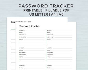 Password Tracker Fillable PDF, Printable Password Organizer, Letter/A4 and A5