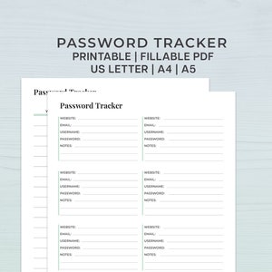 Op de afbeelding: Een afdrukbare wachtwoordtracker met kolommen voor website, e-mail, gebruikersnaam, wachtwoord en notities. De tracker is ontworpen voor de papierformaten US Letter, A4 en A5.