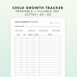 Fillable Child Growth Tracker, Baby, Toddlers and Big Kids Development Log, Printable PDF