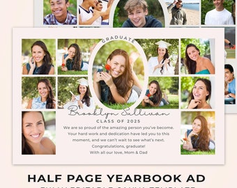 Modello di annuncio per annuario di mezza pagina, annuncio per diplomati delle scuole superiori per ragazze e ragazzi, omaggio alla laurea, modello Canva di un quarto di pagina, collage di foto