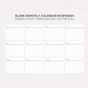 Blank Monthly Calendar in Spanish, Monthly Planner in Spanish, Printable Calendar in Spanish, Sunday Start Monthly Planner