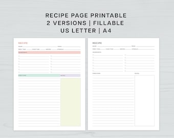 Peut inclure: Modèle de page de recette imprimable aux formats US Letter et A4. Le modèle comporte deux versions, toutes deux avec des sections pour le nom, le temps de préparation, le temps de cuisson, les portions, la provenance, les ustensiles, les ingrédients, les instructions et les notes.