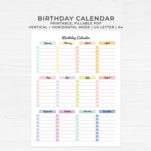Op de afbeelding: Printbare verjaardagskalender met een pastelkleurenschema. De kalender is verdeeld in 12 maanden, waarbij elke maand een andere kleur heeft. De kalender is ontworpen voor US Letter of A4 papierformaat.