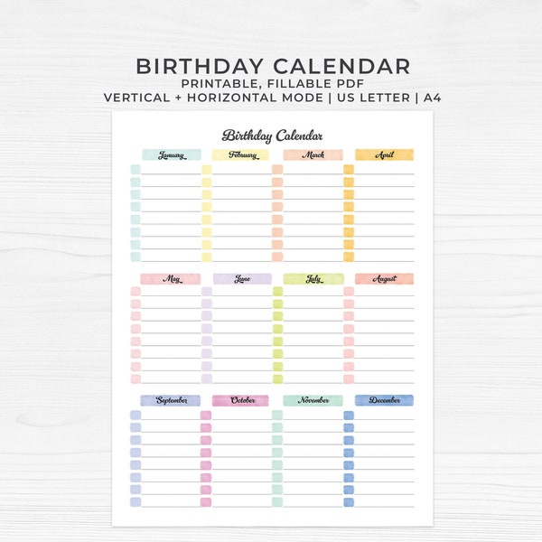 Birthday Calendar Template Printable, Perpetual Birthday Calendar, Fillable PDF, Birthday Reminder Template, Landscape and Portrait Mode