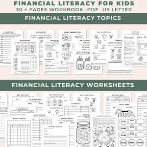 May include: A collection of 30+ pages of financial literacy worksheets for children in US letter format. The black and white printable pages feature educational topics, money tracking charts, savings goals, and illustrations of piggy banks and jars.
