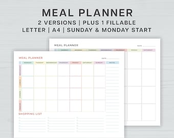 Weekly Meal Planner Fillable, Printable Meal Prep, Meal Planner with Shopping List Template