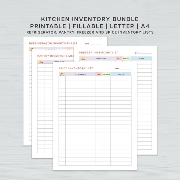 Printable Kitchen Inventory Planner Template Bundle, Pantry, Freezer, Fridge, Spice Organization, Fillable PDF Kitchen Planner Bundle